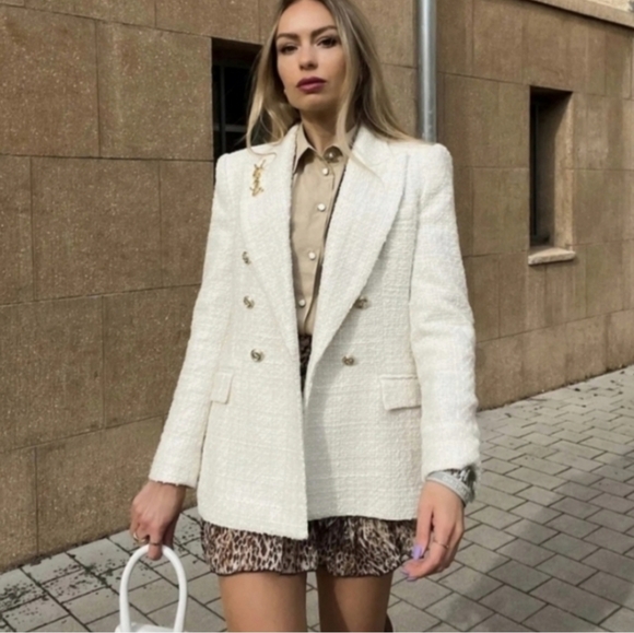 Zara Textured Double Breasted Tweed Blazer Kate Middleton  Size L - Picture 4 of 16